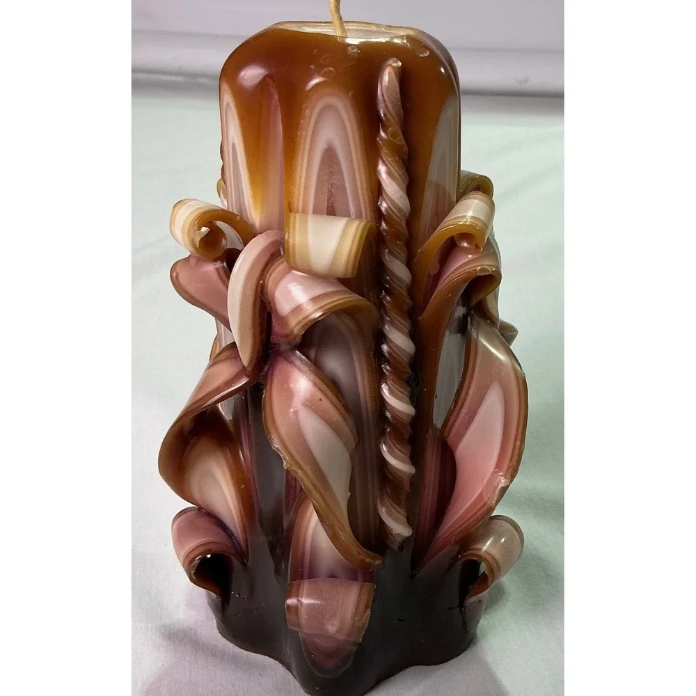 Vintage Hand Carved Layered Pillar Candle Brown Pink Cream Floral Scroll